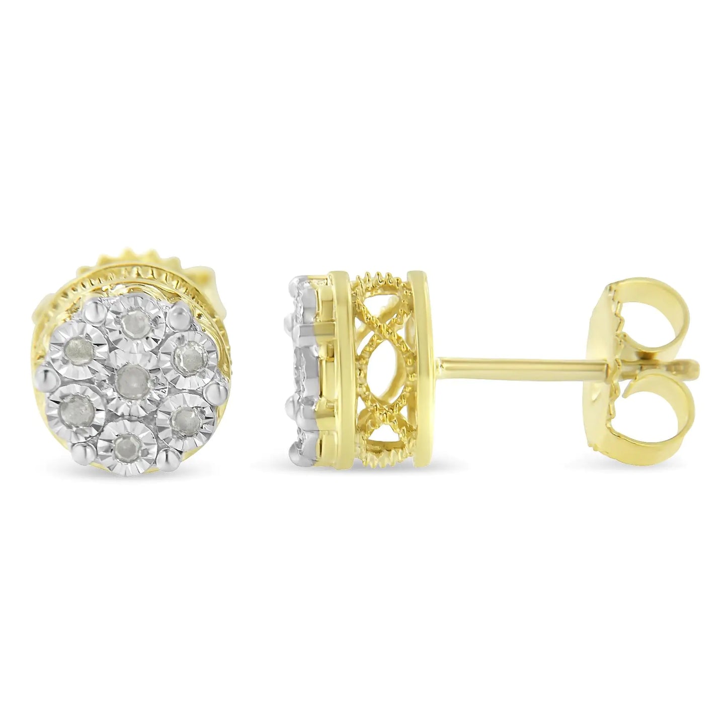Aretes de botón de plata de ley 925 bañados en oro amarillo de 14 quilates con diamantes de 1/7 quilates (color IJ, claridad promocional I3)