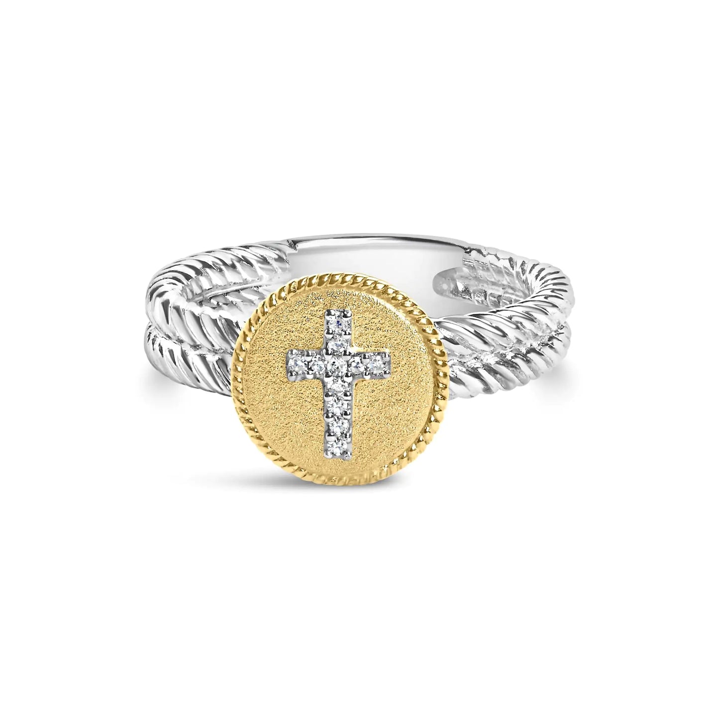 Anillo de cruz de diamantes en plata de ley 925 bañada en oro amarillo de 18 quilates con acabado satinado (color IJ, claridad SI1-SI2)