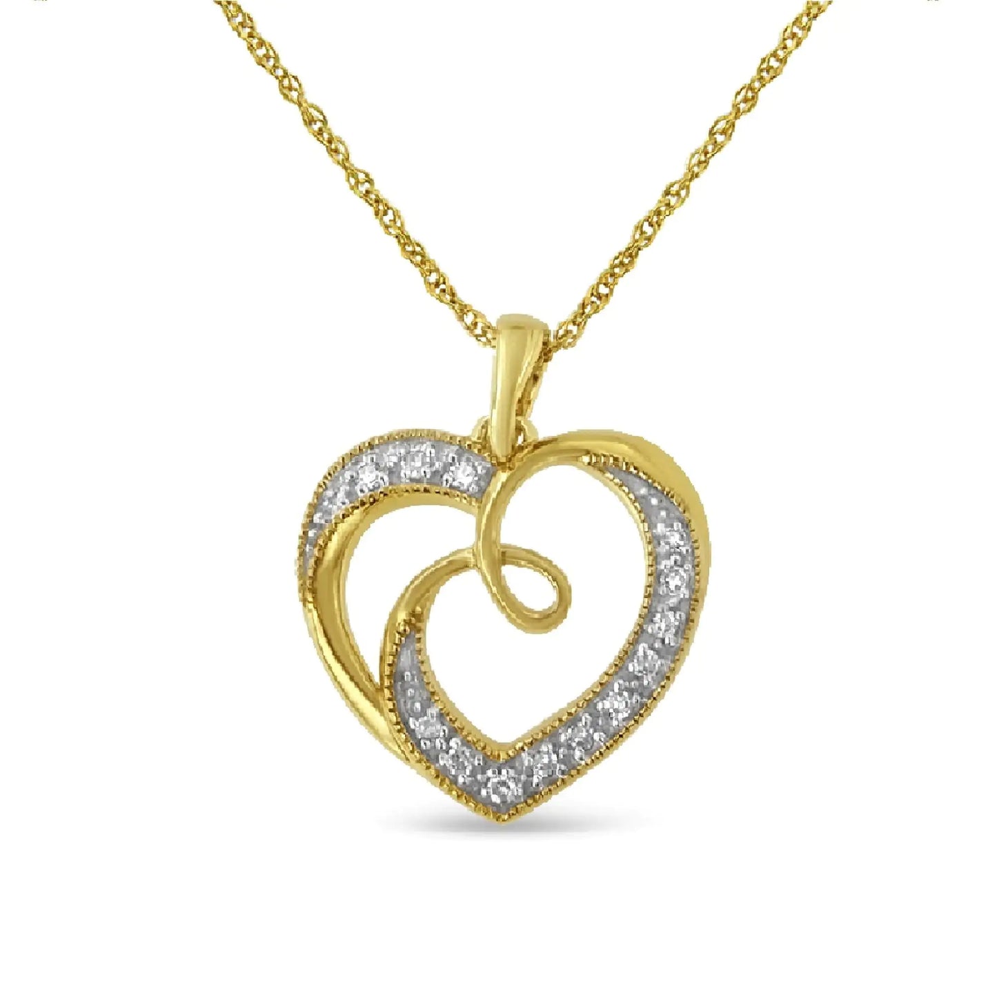 Collar con colgante de 45 cm en plata de ley 925 bañada en oro amarillo de 14 quilates, con detalle de diamantes, lazo y corazón (color HI, claridad I2-I3)
